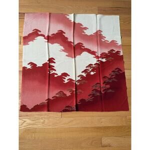 Japanese Chirimen Yuzen Scarf Red Pink Landscape Print 25.5” Square Wearable Art